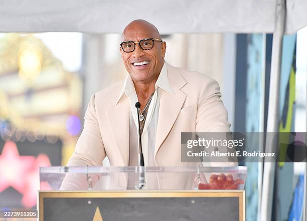 Dwayne Johnson speaks during the Hollywood Walk of Fame Star Ceremony celebrating Emily Blunt and Stanley Tucci in Hollywood, California on April 30,...