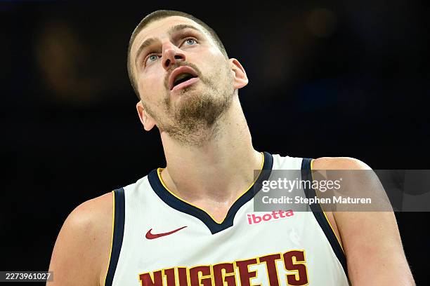 Nikola Jokic of the Denver Nuggets reacts during the third quarter of a game against the Minnesota Timberwolves in Game Six of the First Round of the...