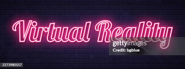 virtual reality - glowing neon text on brick wall background - brick wall perspective stock illustrations