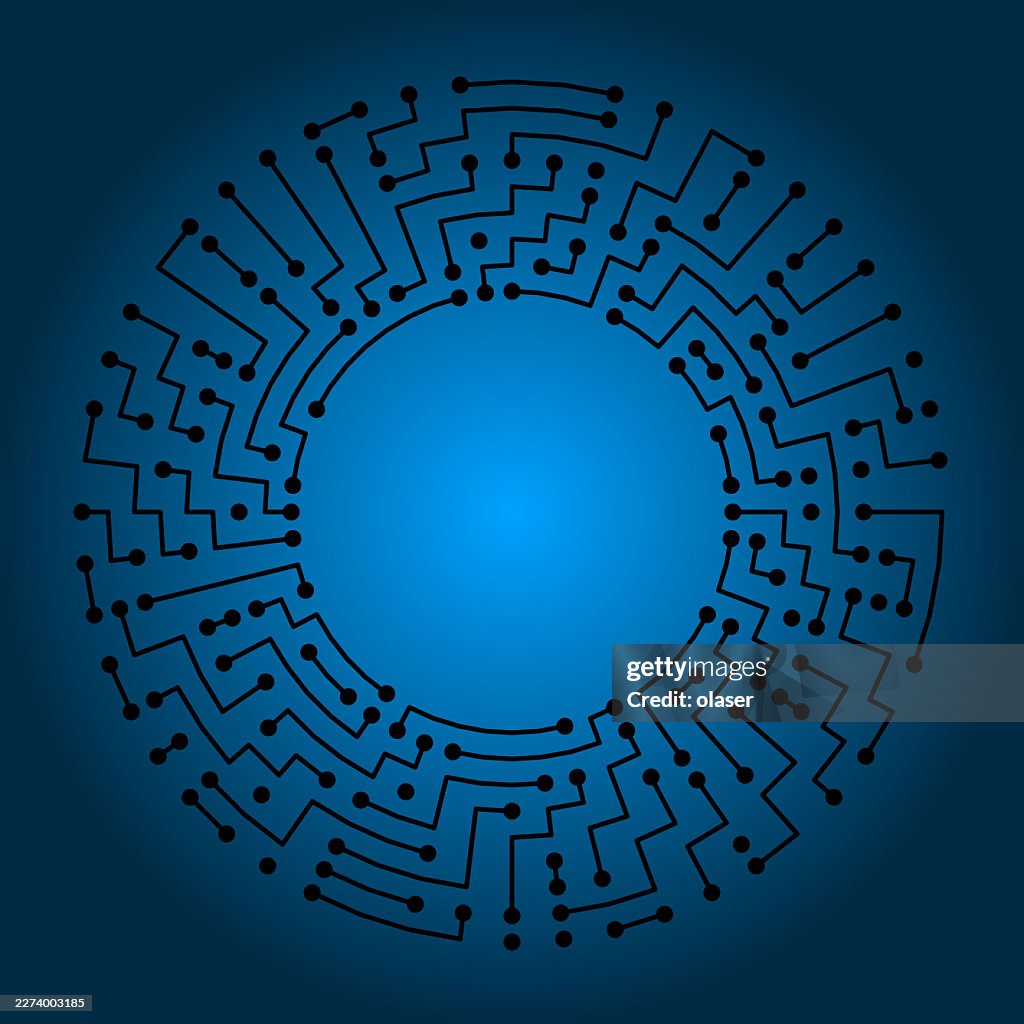 Black circuit-like lines and dots form a circular ring around a bright blue center on a dark blue gradient background.
