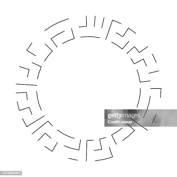a minimalist black line pattern forms a broken circular ring on a white background, with short angular strokes spaced unevenly around the center. - black and white hawk eagle stock illustrations