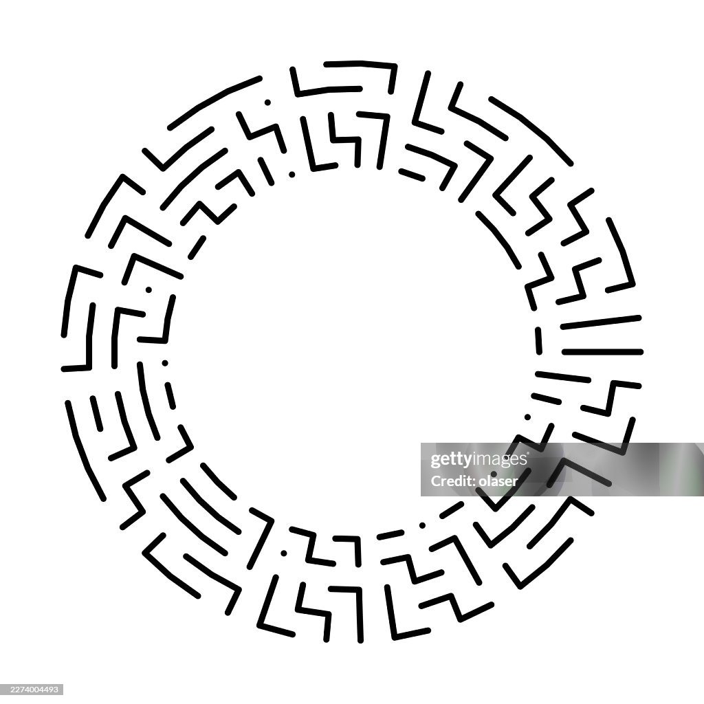 Black segmented ring made of short angular line fragments arranged in a circular pattern on a white background, leaving a large empty center and a clean minimalist look.