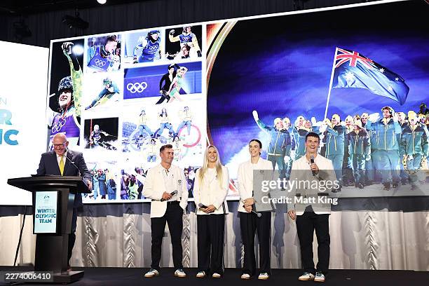 Cooper Woods, Danielle Scott, Jakara Anthony and Matt Graham speak on stage during the AOC President's Australian Winter Olympic Team Official...