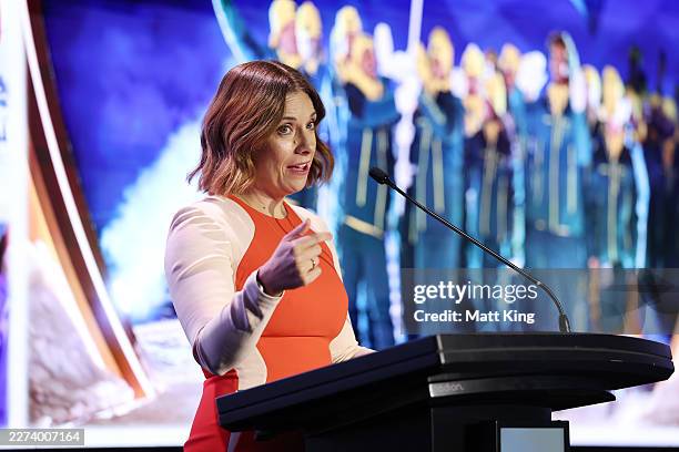 Minister for Communications and Sport, Anika Wells speaks during the AOC President's Australian Winter Olympic Team Official Welcome Home Event at...