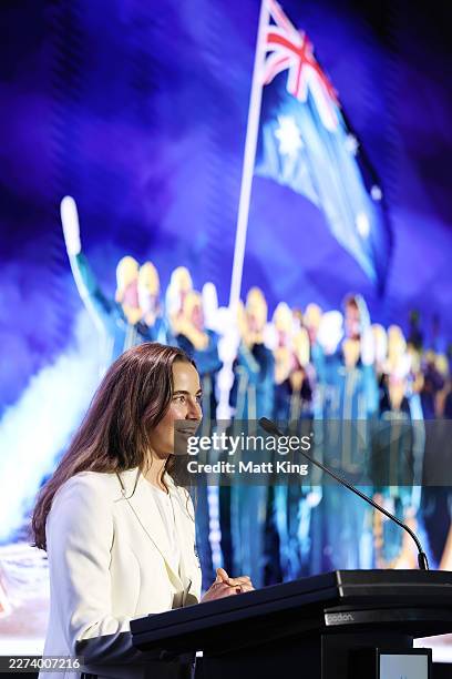 Josie Baff speaks during the AOC President's Australian Winter Olympic Team Official Welcome Home Event at Illumina on May 01, 2026 in Sydney,...