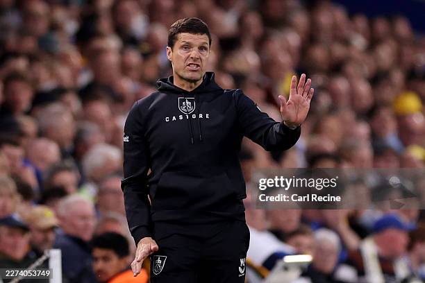 Mike Jackson, Interim Manager of Burnley, gestures during the Premier League match between Leeds United and Burnley at Elland Road on May 01, 2026 in...