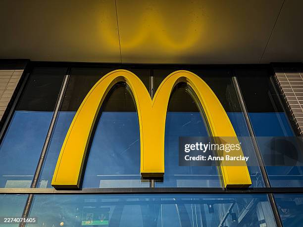 The logo of the fast food restaurant McDonald's is displayed outside a branch of the restaurant, on April 29, 2026 in Wellington, England. Founded in...