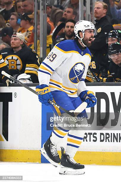 Alex Tuch of the Buffalo Sabres celebrates after scoring a goal on Jeremy Swayman of the Boston Bruins during the first period in Game Six of the...