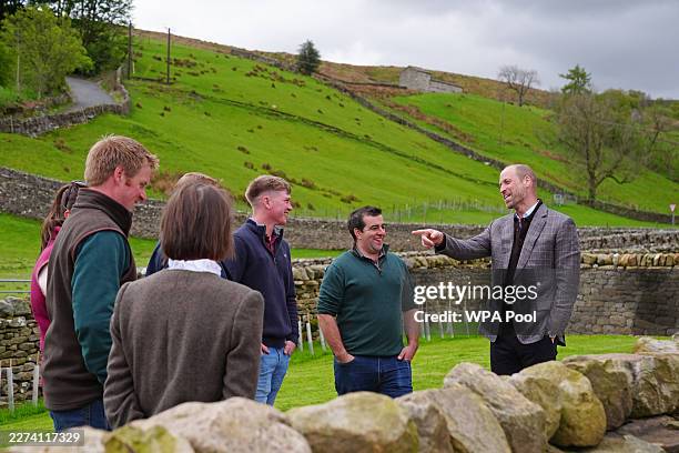 Prince William, Prince of Wales talks with Adam Hunter , owner of Crow Tree Farm, and farmers from across Swaledale during a visit to Crow Tree Farm,...