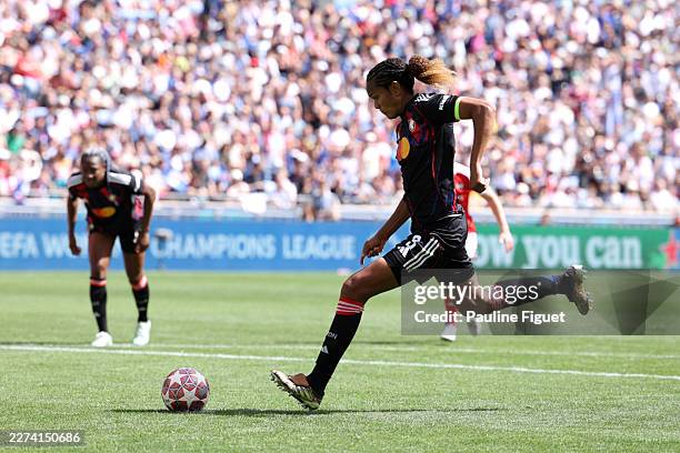 Wendie Renard of OL Lyonnes scores her team's first goal from the penalty spot during the UEFA Women's Champions League 2025/26 Semi-Final Second Leg...