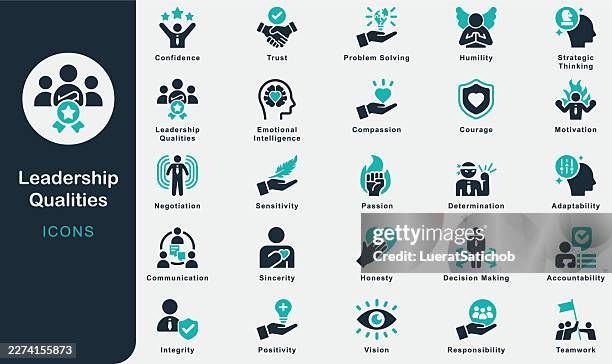 leadership qualities solid icons collection.containing compassion, passion, sincerity, sensitivity, honesty, determination, integrity, humility, courage, positivity, confidence, communication, vision - quality management stock illustrations