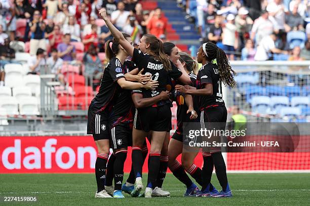 Jule Brand of OL Lyonnes celebrates scoring her team's third goal with teammates during the UEFA Women's Champions League 2025/26 Semi-Final Second...