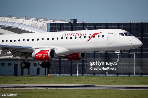 An Embraer E195 LR aircraft operated by Austrian Airlines, registration OE-LWP, lands at Warsaw Chopin Airport in Warsaw, Poland, on May 3, 2026. The...
