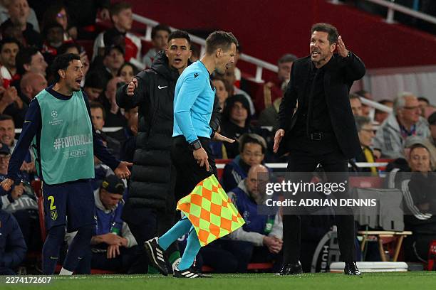 Atletico Madrid's Argentinian coach Diego Simeone reacts during the UEFA Champions League second-leg semi-final football match between Arsenal and...