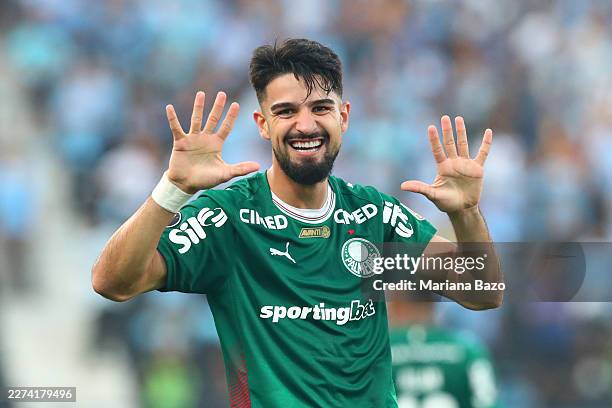 Jose Lopez of Palmeiras celebrates after scoring his team's first goal during the Copa CONMEBOL Libertadores 2026 match between Sporting Cristal and...