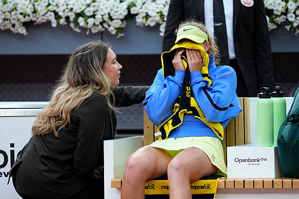 Mirra Andreeva of Russia laments after losing against Marta Kostyuk of Ukraine during the Women's Singles Final of Mutua Madrid Open 2026 at La Caja...