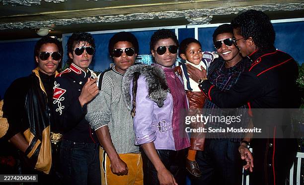 Marlon Jackson, Michael Jackson, Tito Jackson, Randy Jackson, Emmanuel Lewis, Jackie Jackson, and Jermaine Jackson attend a press conference to...