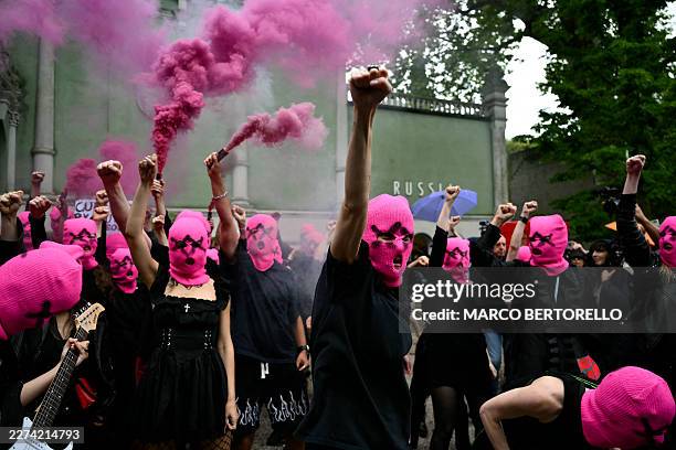 International women's movement FEMEN and Pussy Riot activists stage a protest against the participation of Russia in the Venice Biennale art show, in...