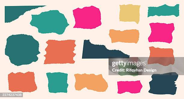 pastel retro scrapbook design with torn paper textures, sticky notes and adhesive tape elements, playful cut out shapes and grunge style borders, colorful vector collection for social media templates and creative communication layouts - torn newspaper stock illustrations
