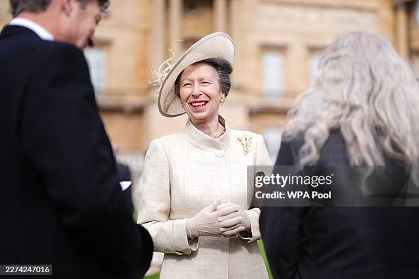 The Princess Royal speaks to guests during a Royal Garden Party at Buckingham Palace on May 6, 2026 in London, England.