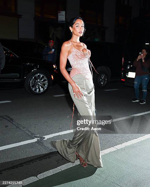 Laura Harrier seen at Jeff Bezos and Lauren Sánchez Bezos Met Gala pre-party at their NoMad apartment on May 02, 2026 in New York City.