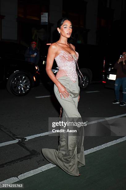 Laura Harrier seen at Jeff Bezos and Lauren Sánchez Bezos Met Gala pre-party at their NoMad apartment on May 02, 2026 in New York City.