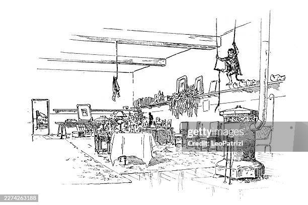 interior sketch of a nineteenth-century artist's studio with a pet monkey - monkey hanging stock illustrations