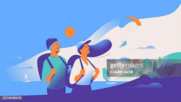 happy travelers with backpacks exploring mountains – safe adventure travel_header format - wellness frau stock-grafiken, -clipart, -cartoons und -symbole