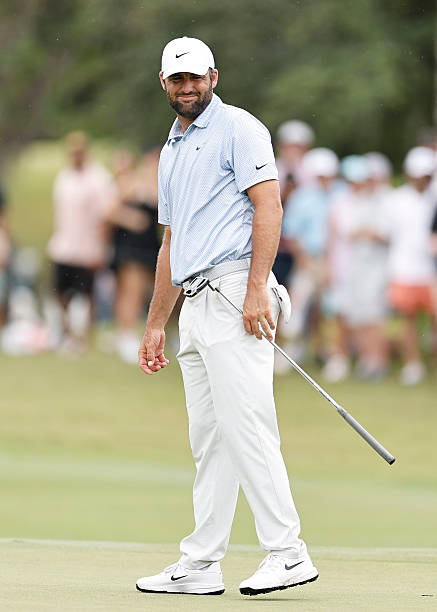 Scottie Scheffler of the United States reacts on the 13th green during the final round of the Cadillac Championship 2026 at Trump National Doral...