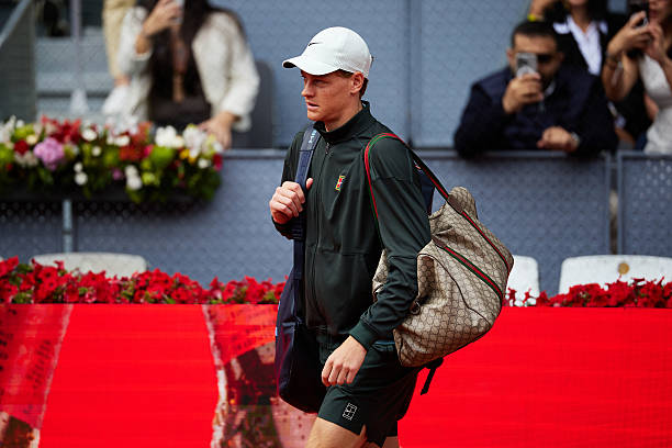 Jannik Sinner of Italy walks onto the court prior to his Men's Singles final match against Alexander Zverev of Germany on day fourteen of the Mutua...