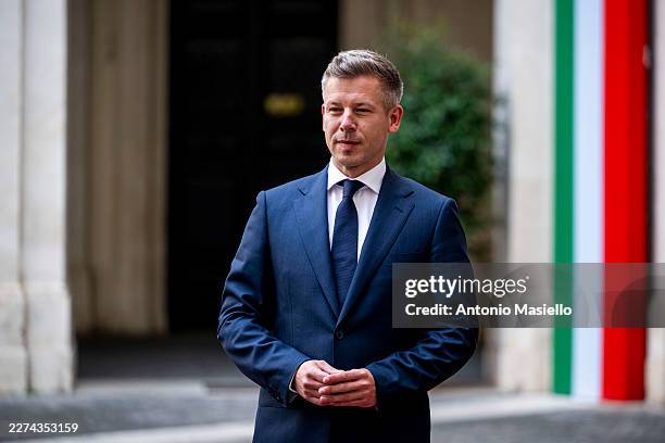 Hungarian Prime Minister-Designate Peter Magyar arrives to meet with Italian Prime Minister Giorgia Meloni before their meeting at Palazzo Chigi, on...
