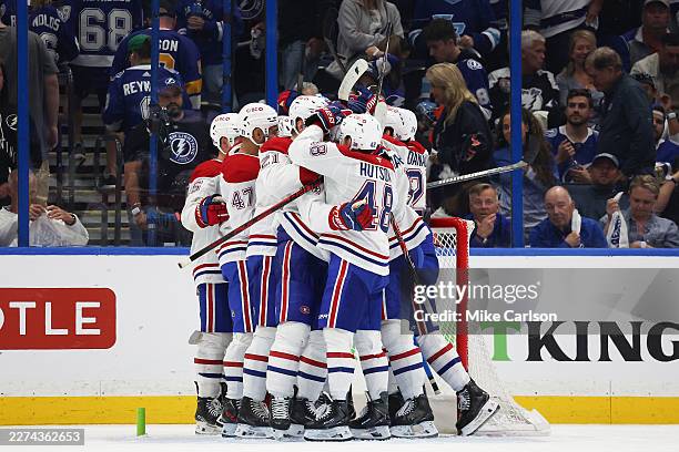 The Montréal Canadiens celebrate after defeating the Tampa Bay Lightning 2-1 in Game Seven of the First Round of the 2026 Stanley Cup Playoffs at...