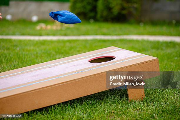 young boy learning coordination through outdoor game - corn hole game stock pictures, royalty-free photos & images