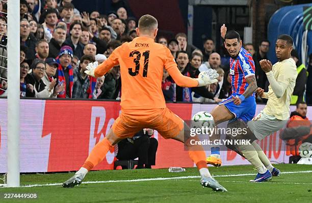 Crystal Palace's Colombian defender Daniel Munoz's shot deflects off of Shakhtar Donetsk's Brazilian defender Pedro Henrique to score the opening...