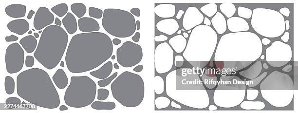 seamless stone wall pattern vector with cobblestone, brick, and paving stone texture, monochrome black and white line art illustration for architecture, flooring, road, garden, and construction design elements - pebble path stock illustrations