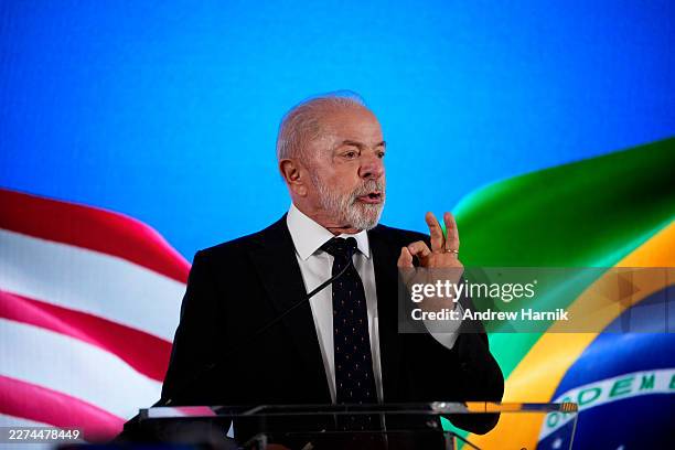 President of Brazil Luiz Inácio Lula da Silva speaks during a press conference at the Brazilian Embassy on May 07, 2026 in Washington, DC. Earlier in...