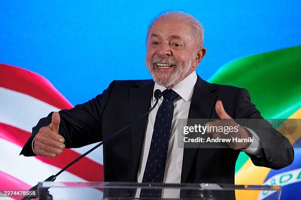 President of Brazil Luiz Inácio Lula da Silva speaks during a press conference at the Brazilian Embassy on May 07, 2026 in Washington, DC. Earlier in...