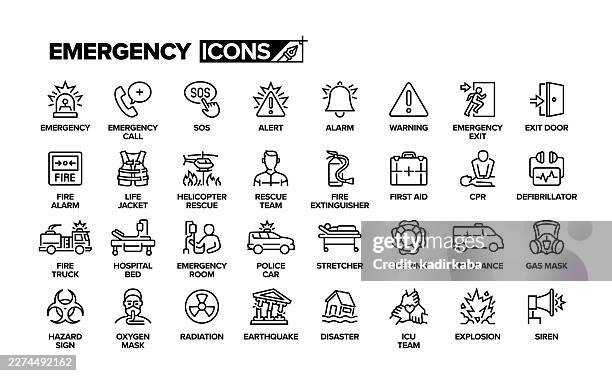 emergency line icon set. group of object. alert, alarm, warning, rescue team, first aid kit. - fire alarm stock illustrations