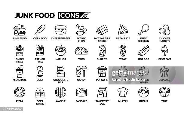junk food line icon set. group of object. cheeseburger, potato chips, pizza slice, mozzarella sticks, fried chicken, french fries, onion rings. - chicken nugget stock illustrations