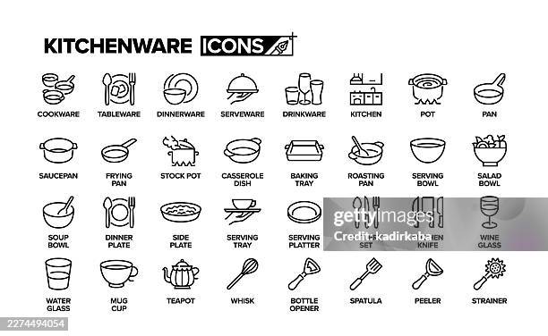 küchenutensilien-icon-set. objektgruppe. - essgeschirr stock-grafiken, -clipart, -cartoons und -symbole