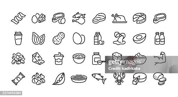 ilustraciones, imágenes clip art, dibujos animados e iconos de stock de conjunto de iconos de la línea de alimentos de proteína. grupo de objetos. - barra de cereal