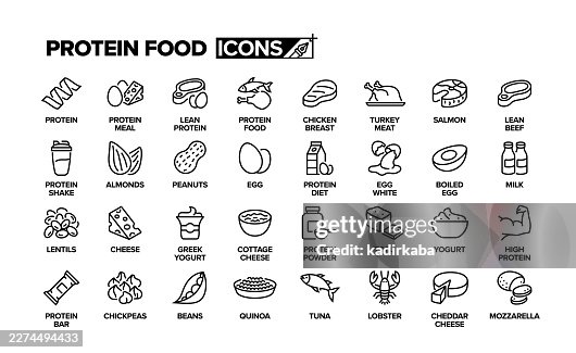 Protein-Lebensmittel-Icon-Set. Objektgruppe. Protein-Lebensmittel-Icon-Set. Objektgruppe.