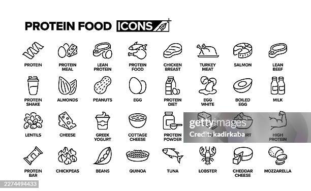 ilustraciones, imágenes clip art, dibujos animados e iconos de stock de conjunto de iconos de la línea de alimentos de proteína. grupo de objetos. - barra de cereal