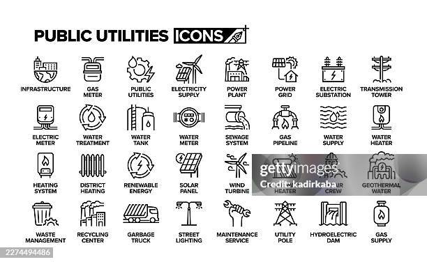 public utilities line icon set. group of object. - electrical grid stock illustrations