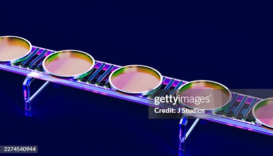 Row of silicon wafers traveling on automated conveyor system in dark blue neon-lit high-tech factory Row of silicon wafers traveling on automated conveyor system in dark blue neon-lit high-tech factory