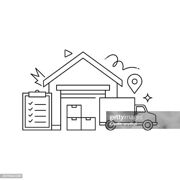warehouse logistics concept line art style vector illustration. design for web page, banner, poster, print etc. - empty warehouse space stock illustrations