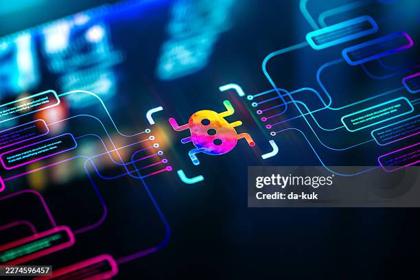 vibrant computer bug icon concept on digital background. multimodal technology and innovations background - computer bug stock pictures, royalty-free photos & images