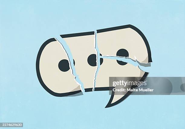 torn text messaging speech bubble on blue background - fake news stock illustrations