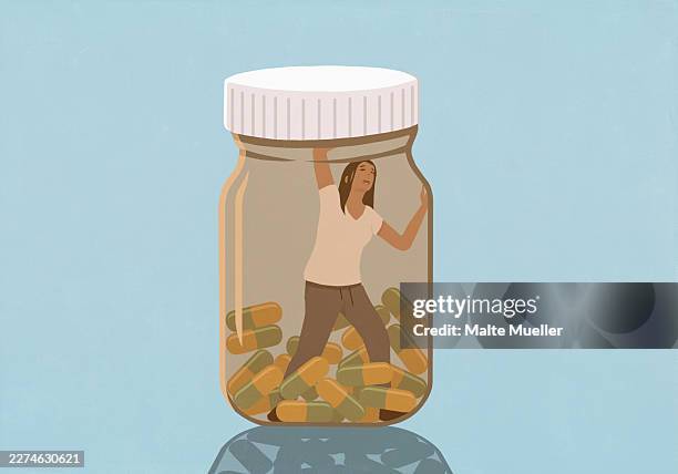 woman trapped inside prescription medicine bottle screaming for help - self harm stock illustrations