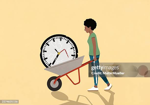 woman pushing wheelbarrow with broken clock - short term stock illustrations